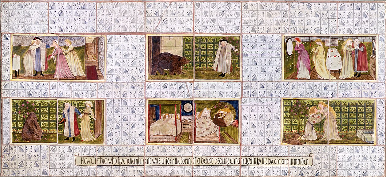 A Szépség és a Szörnyeteg történetét ábrázoló csempepanel Birket Foster házából, Witley, Surrey, 1862 körül (kerámia) alkotó: William Morris