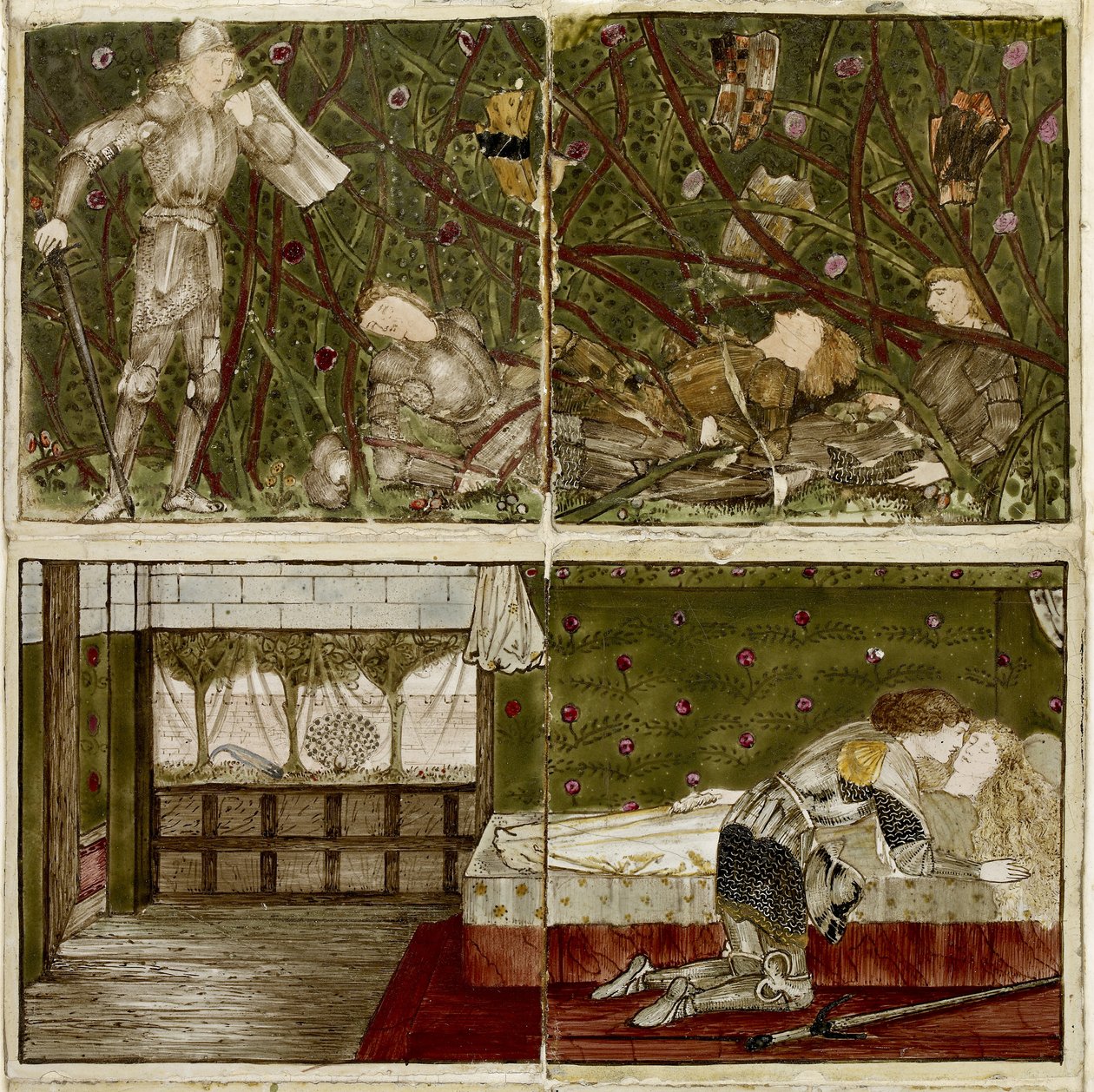 Tizenhat csempéből álló készlet, párokba rendezve a „Briar Rose” (1862-1865) mese nyolc illusztrációjaként (kerámia) alkotó: Edward Burne Jones