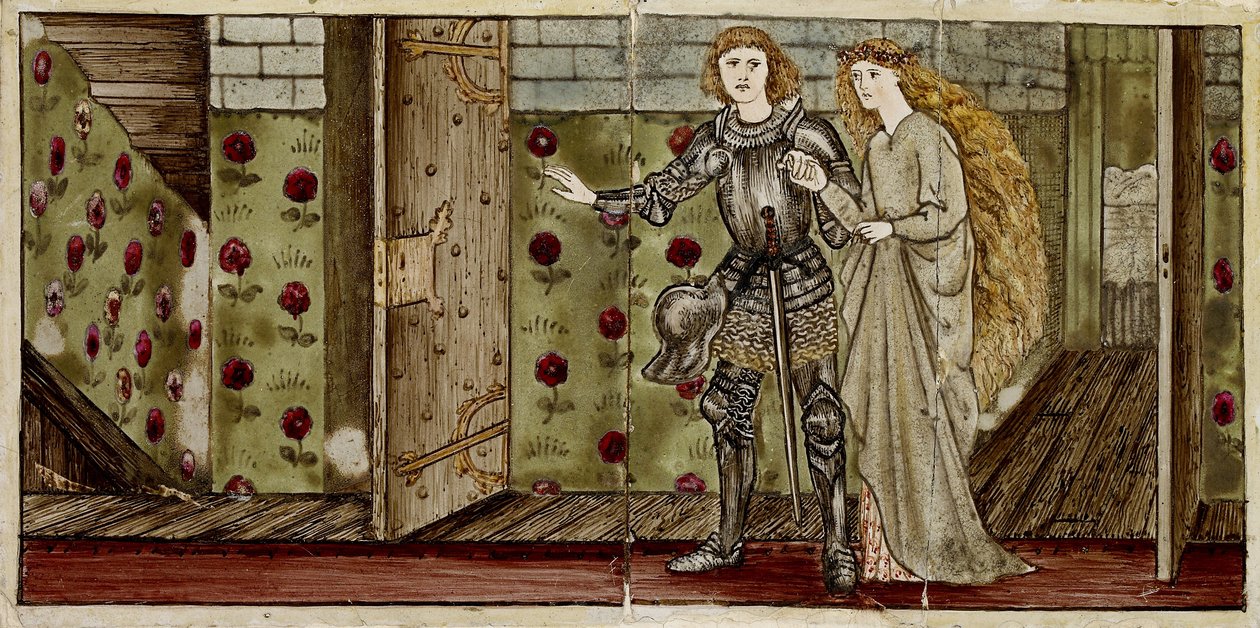 Tizenhat darab, párban elhelyezett csempéből álló készlet, amely a "Briar Rose" mese nyolc illusztrációját alkotja, 1862-1865 (kerámia). alkotó: Edward Burne Jones