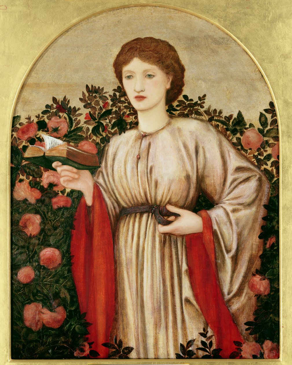 Lány könyv rózsákkal a háta mögött alkotó: Edward Burne Jones