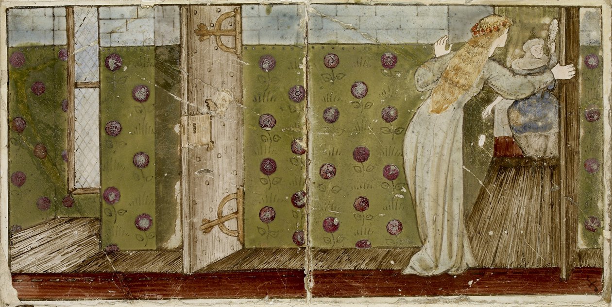Tizenhat csempéből álló készlet, párokba rendezve a „Briar Rose” (1862-1865) mese nyolc illusztrációjaként (kerámia) alkotó: Edward Burne Jones
