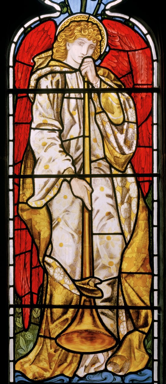 Cheddleton, Morris, Marshall, Faulkner & Co, Edward Burne-Jones, trombitás angyal, 1869 alkotó: Edward Burne Jones