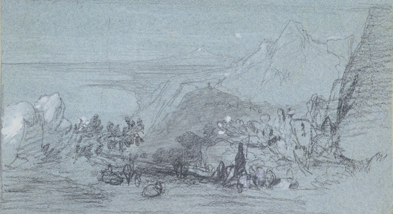 Taormina, a Views of Sicily-ből (kréta és gouache kék papíron) alkotó: Edward Lear