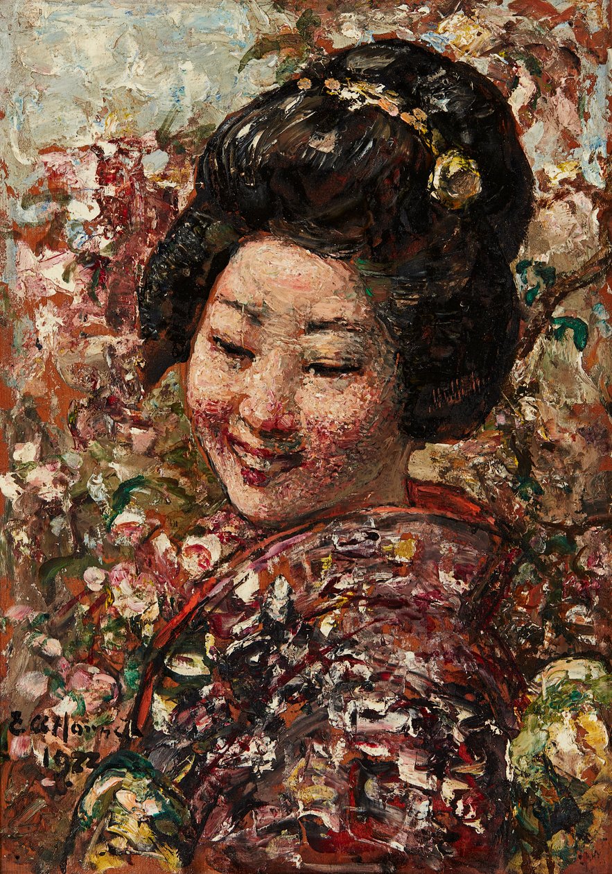Japán lány (olaj a panelen) alkotó: Edward Atkinson Hornel