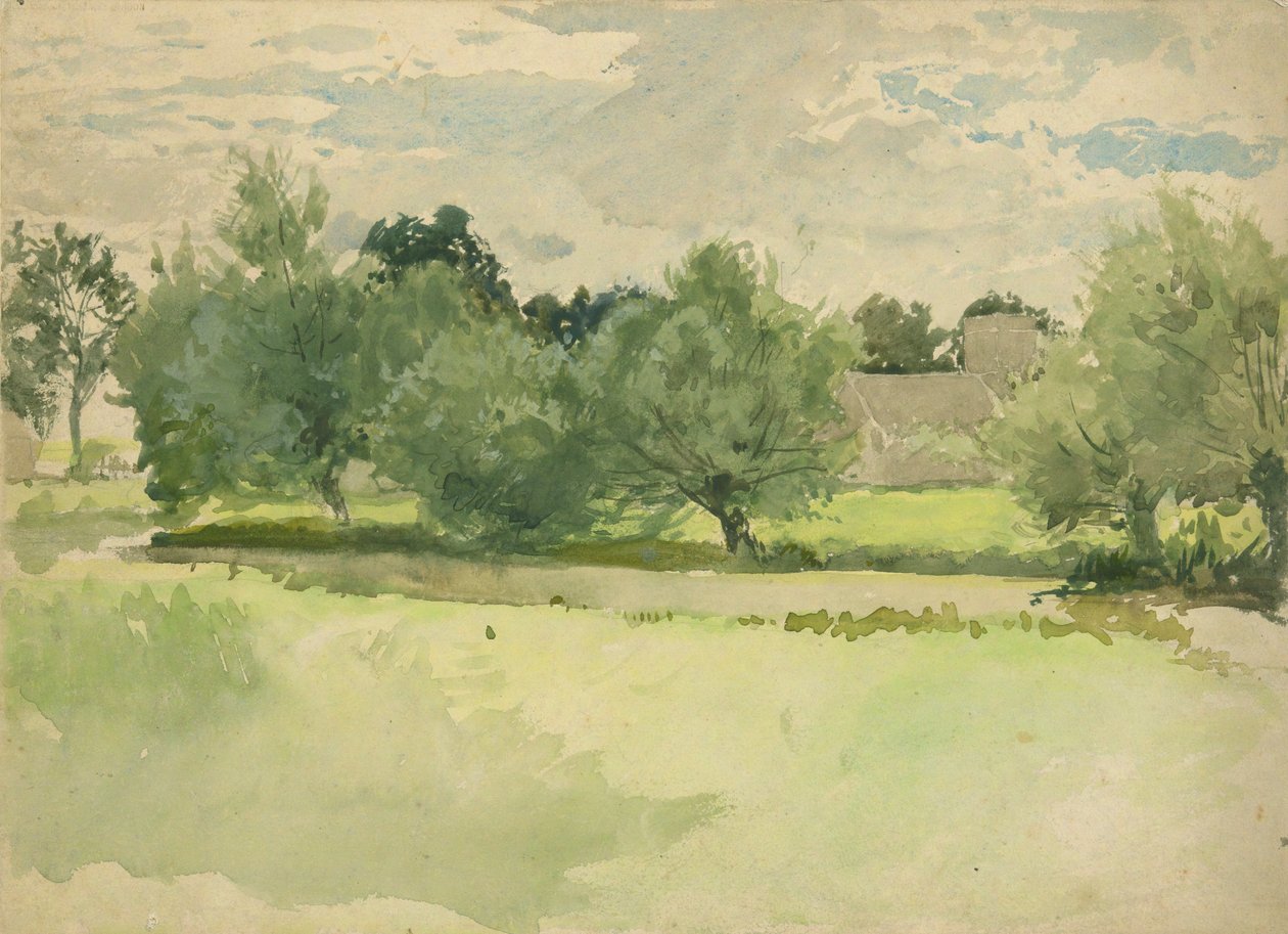 Táj: Rét. Templom a háttérben alkotó: Edwin Austin Abbey