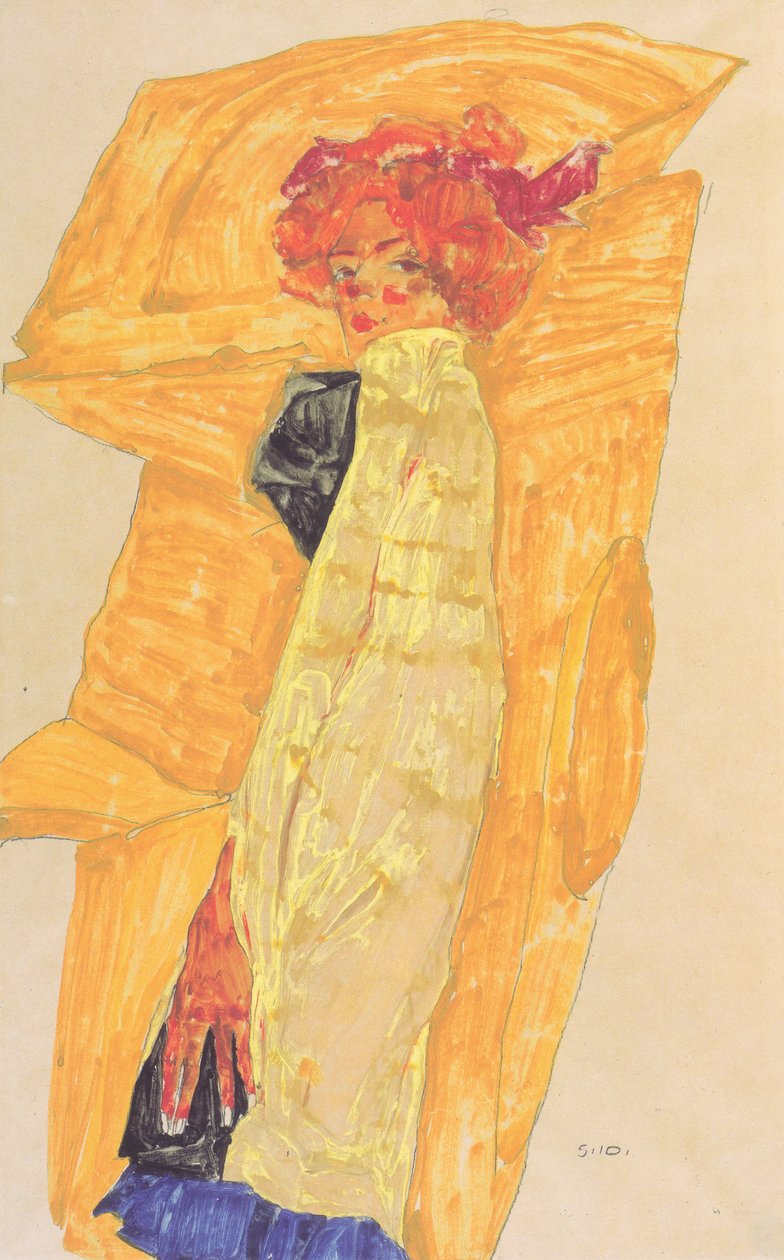 Gerti okkerszínű drapéria előtt alkotó: Egon Schiele