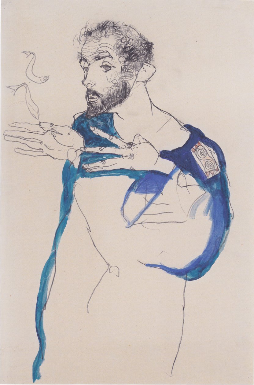 Gustav Klimt kék festőruhában alkotó: Egon Schiele