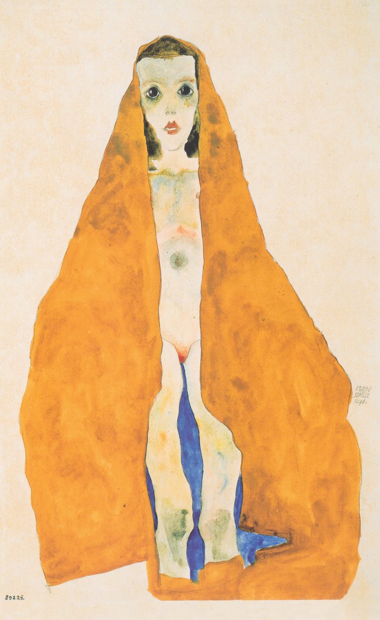 Fiatal meztelen lány okkerszínű ruhában alkotó: Egon Schiele