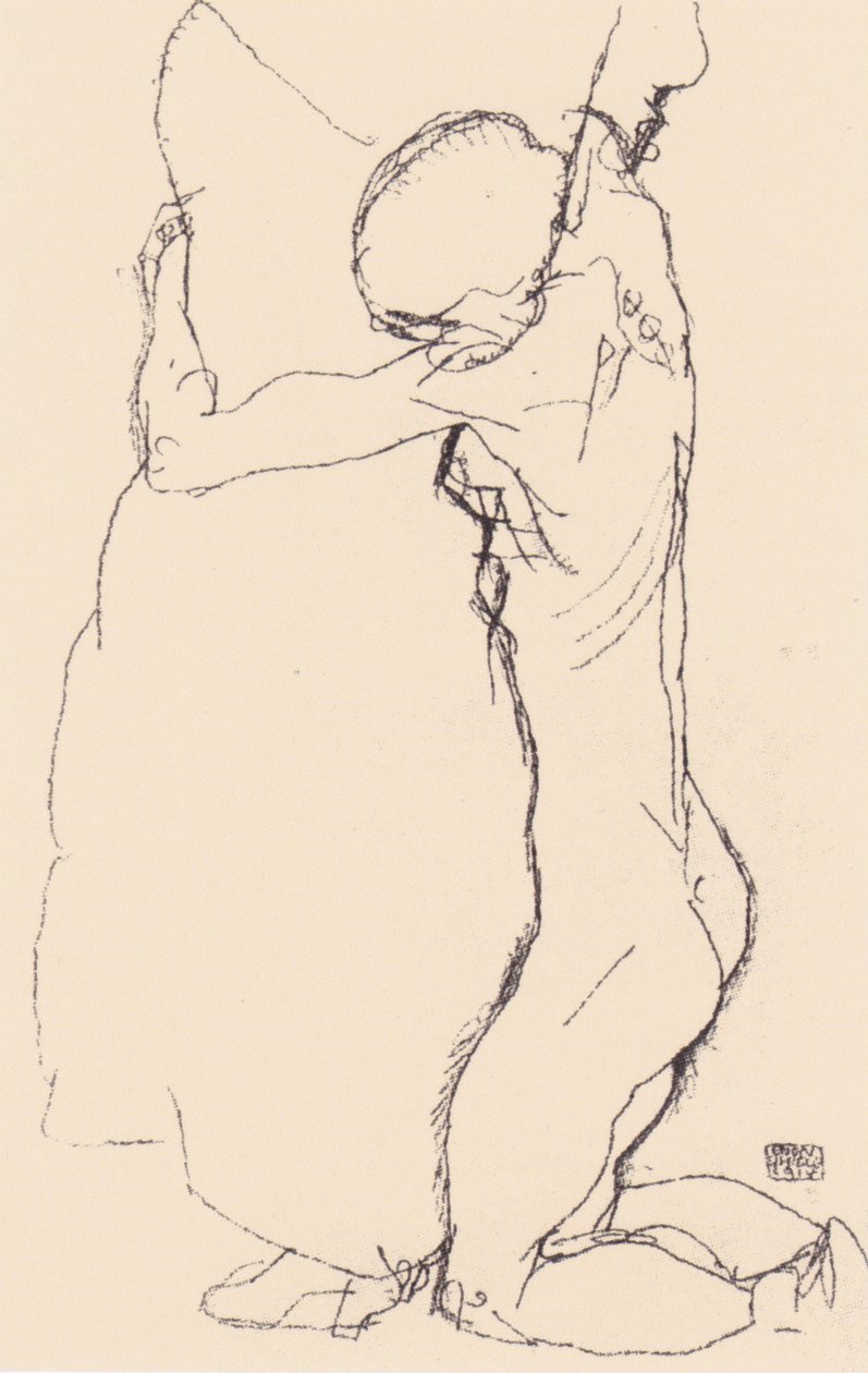 Térdel, átölel egy álló nőt alkotó: Egon Schiele