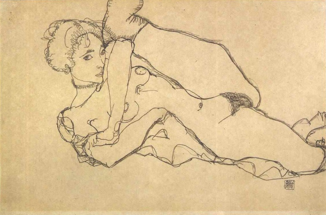Fekvő akt, húzott bal lábbal alkotó: Egon Schiele