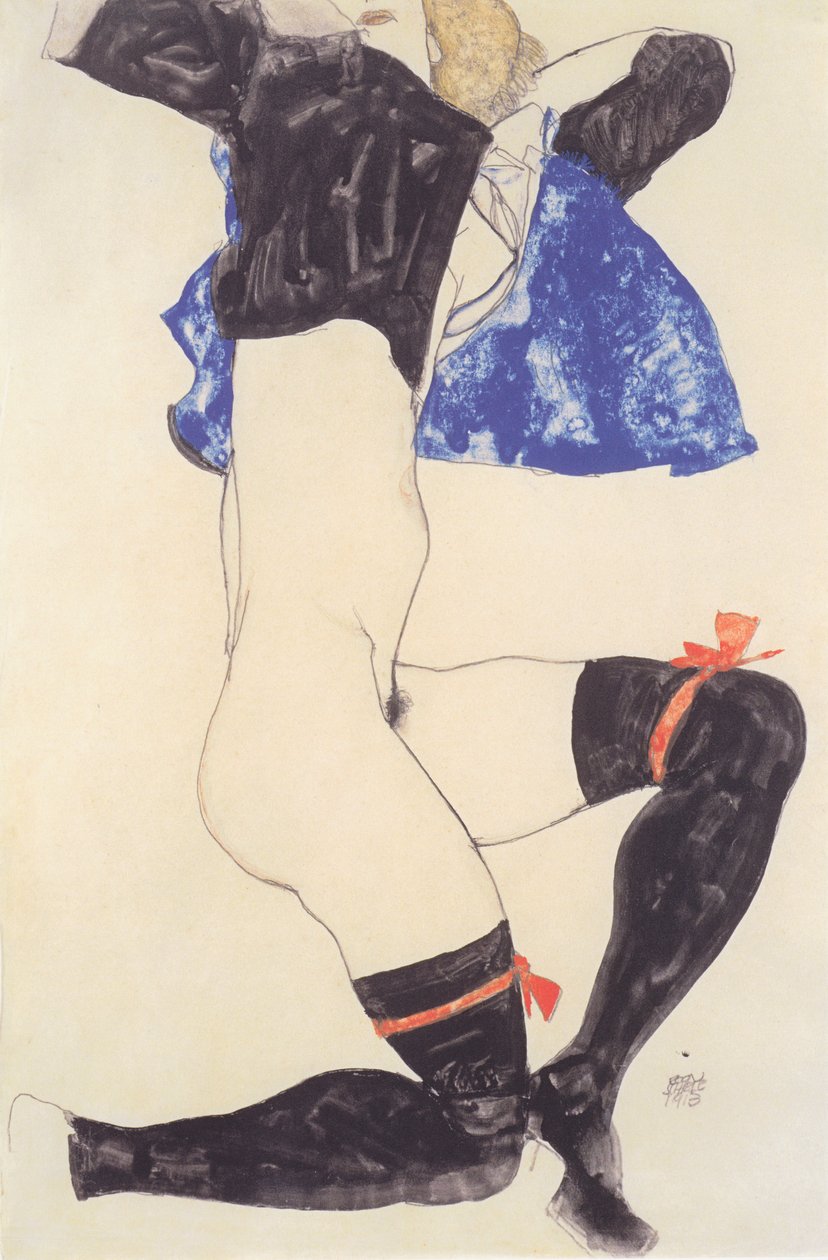 Félidőben feküdt fekete harisnyával alkotó: Egon Schiele