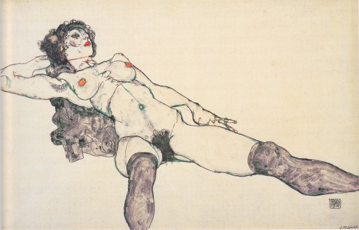 Fekvő női mez, szétvetett lábakkal alkotó: Egon Schiele