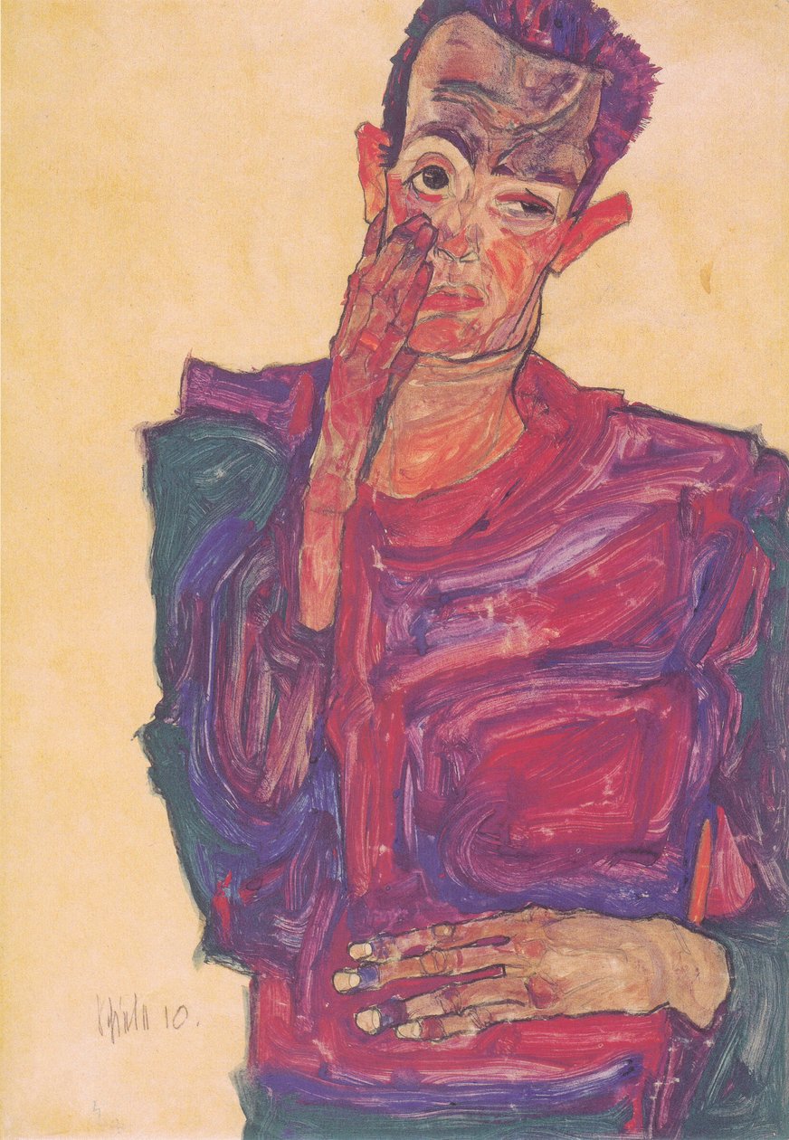 Önarckép lehúzott szemhéjjal alkotó: Egon Schiele