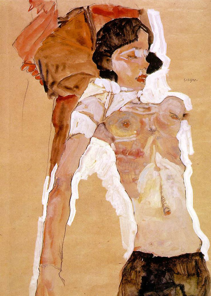Félmeztelen fekvő alkotó: Egon Schiele