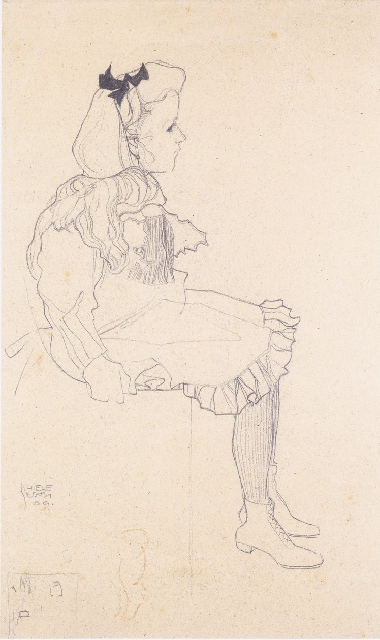 Ülő lány hajhurokkal alkotó: Egon Schiele
