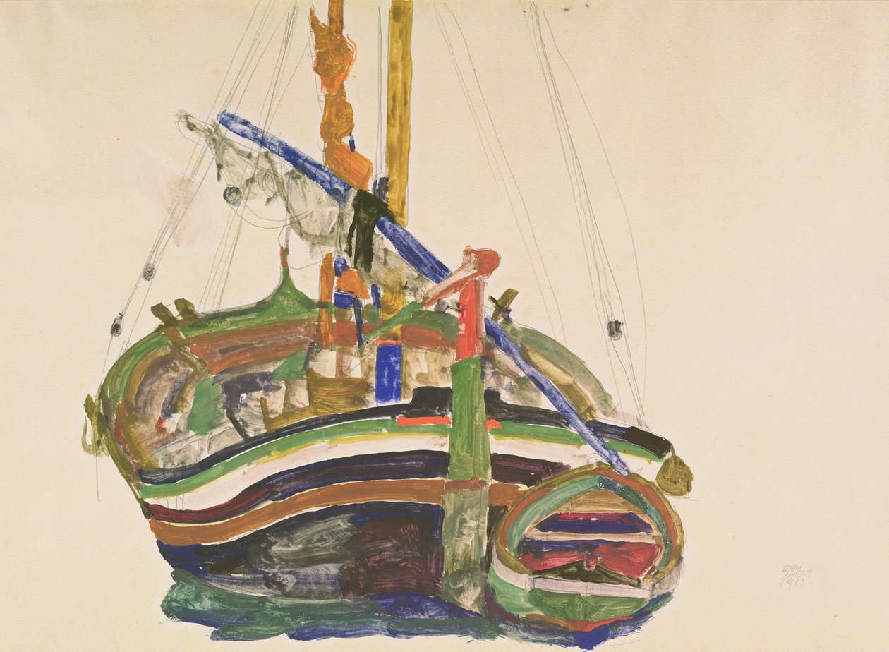 Trieszti halászhajó, 1912 (ceruza, wc és gouache, Strathmore Japan papíron) alkotó: Egon Schiele