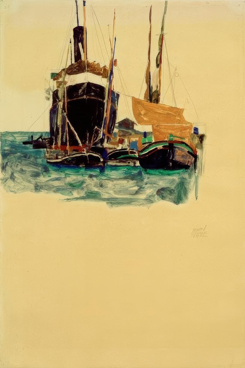 Gőzösök és vitorlások Trieszt kikötőjében alkotó: Egon Schiele