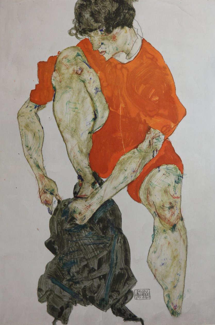 Női modell piros köntösben, 1914. alkotó: Egon Schiele