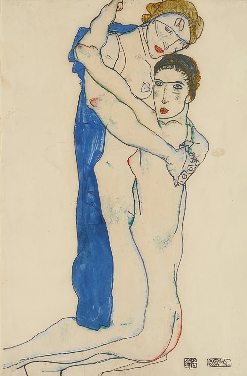 Barátnő, rózsaszín-kék. 1913 alkotó: Egon Schiele