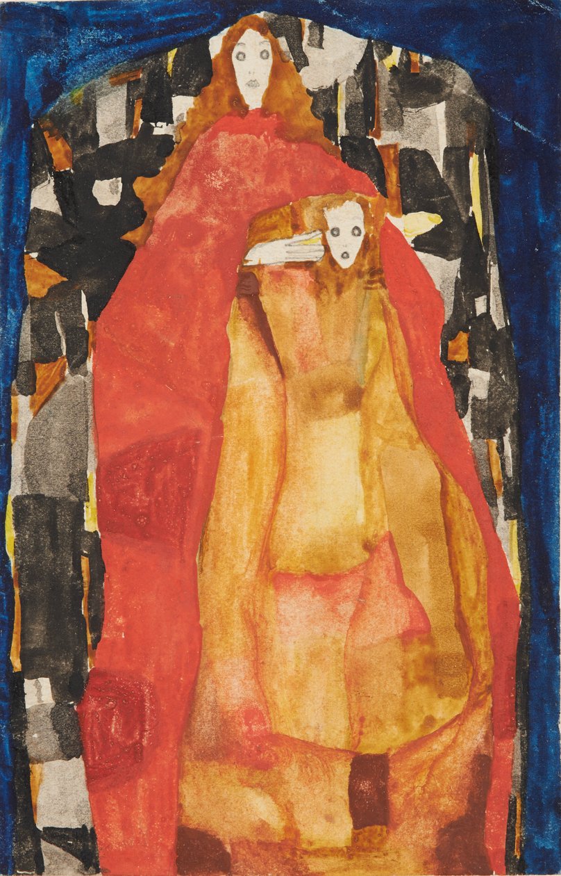 Anya gyermekével piros kabátban, 1911. alkotó: Egon Schiele
