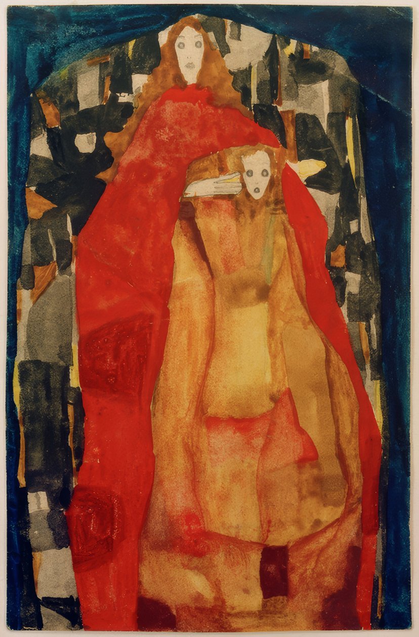 Anya gyermekével piros kabátban alkotó: Egon Schiele