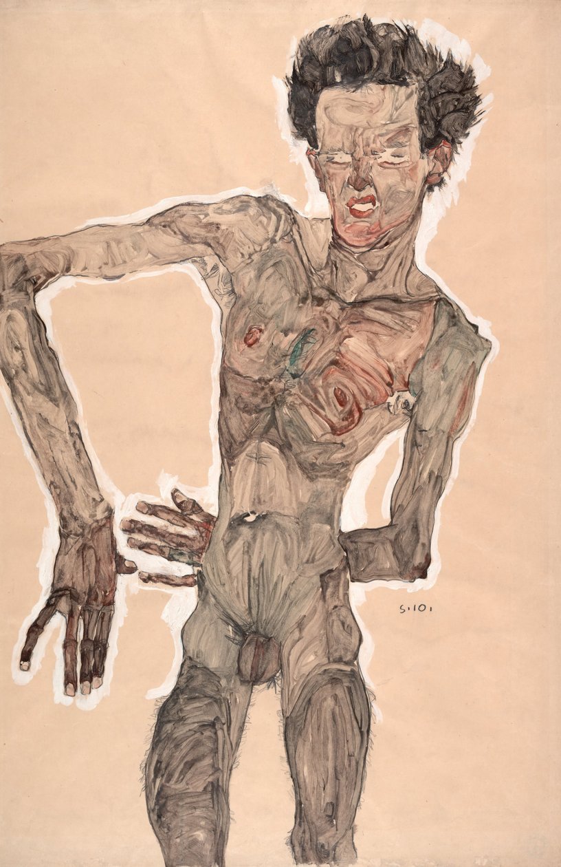 Akt önarckép, grimaszolva alkotó: Egon Schiele