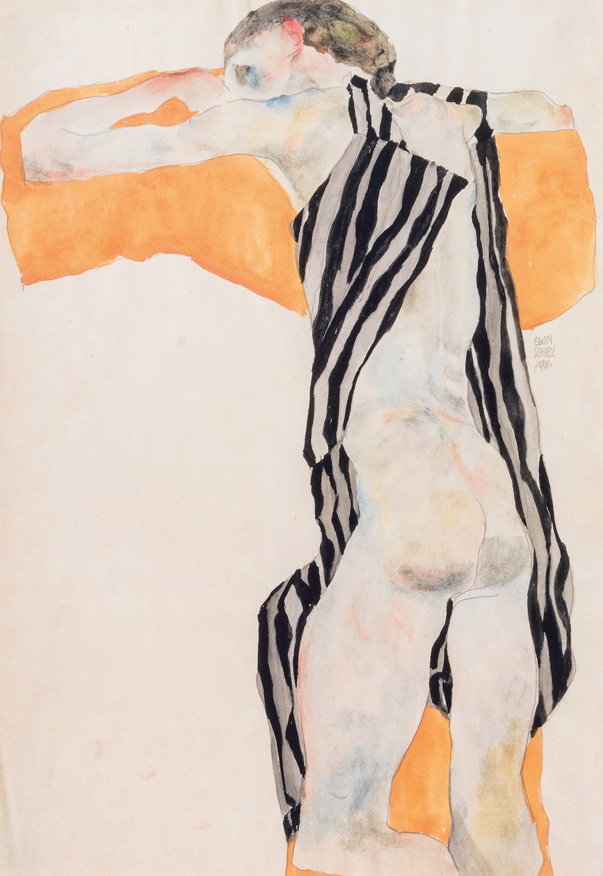 Fekvő meztelen lány csíkos öltönyben, 1911. alkotó: Egon Schiele