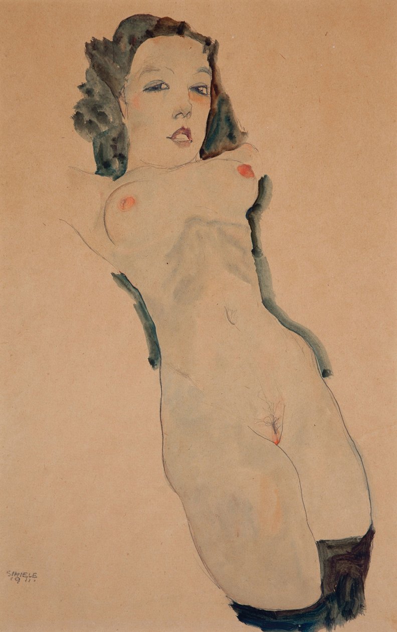 Fekvő akt fekete harisnyával alkotó: Egon Schiele