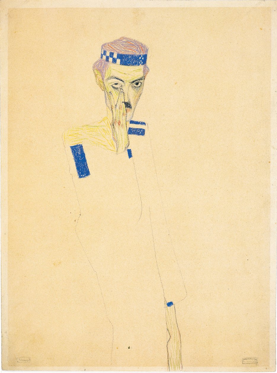 Önarckép kék kockás fejpánttal, 1909. alkotó: Egon Schiele