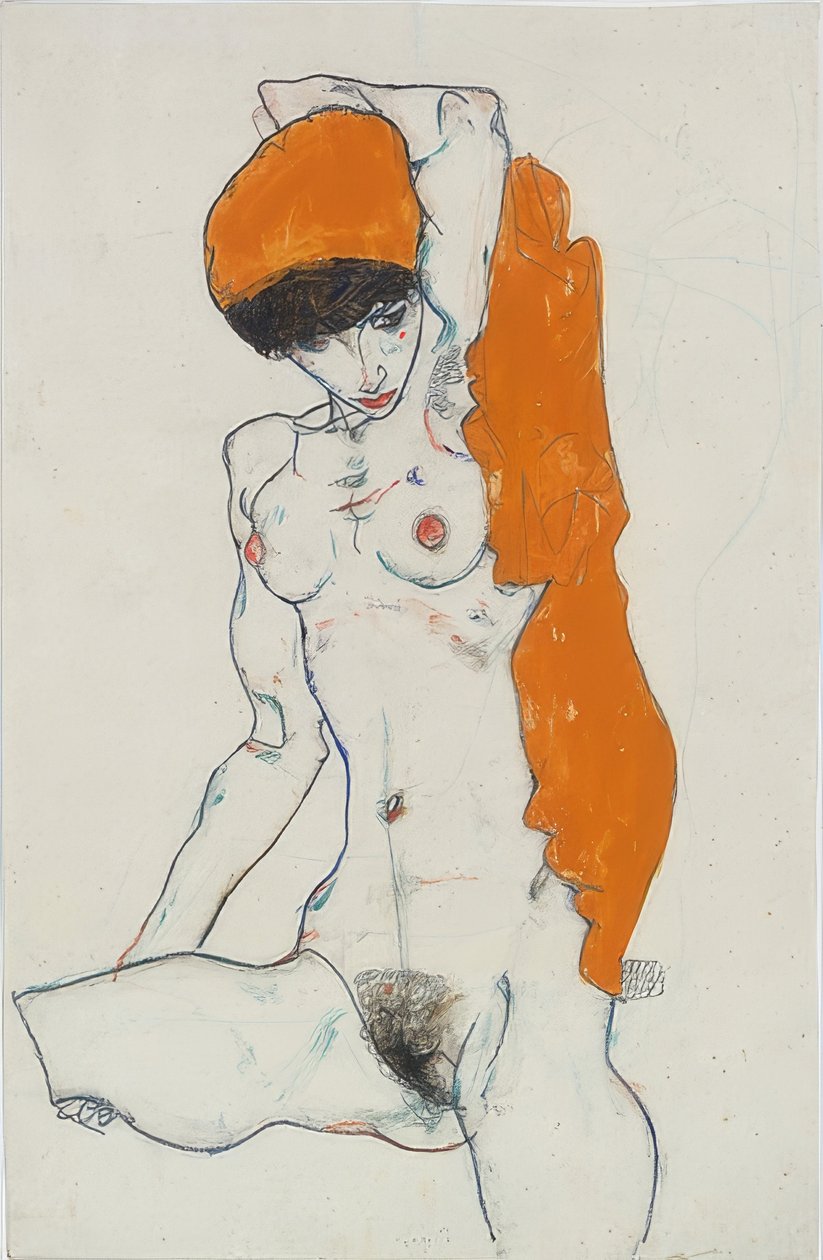 Meztelenül állva narancssárga ruhával. 1914 alkotó: Egon Schiele