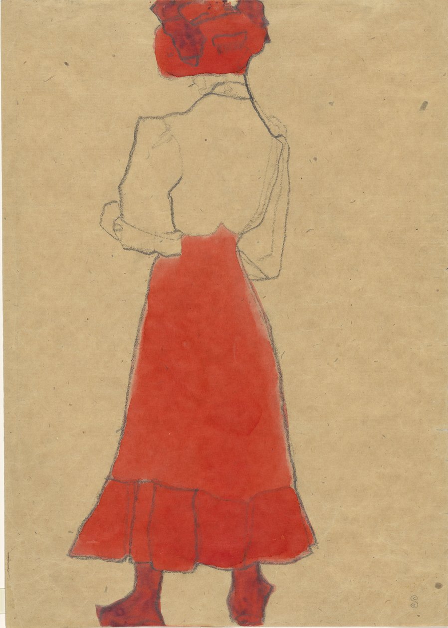 Piros szoknyás nő, c. 1909. alkotó: Egon Schiele