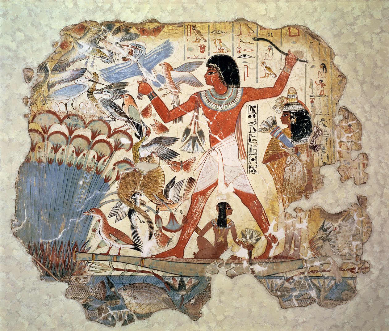 Nebamun a mocsarakban vadászik feleségével és lányával, Nebamun sírkápolnájának falfestményének része, Théba, Új Királyság, ie 1350 körül (festett vakolat) alkotó: Egyptian 18th Dynasty
