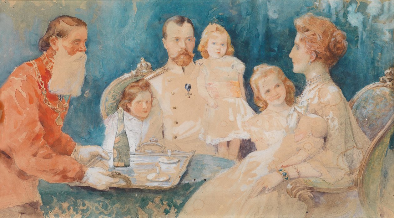 II. Miklós cár és Alekszandra Fjodorovna cárnő lányaikkal, Olgával, Tatjánával, Máriával és Anasztáziával (csecsemőkorban). alkotó: Elena Samokich Soudkovskaïa