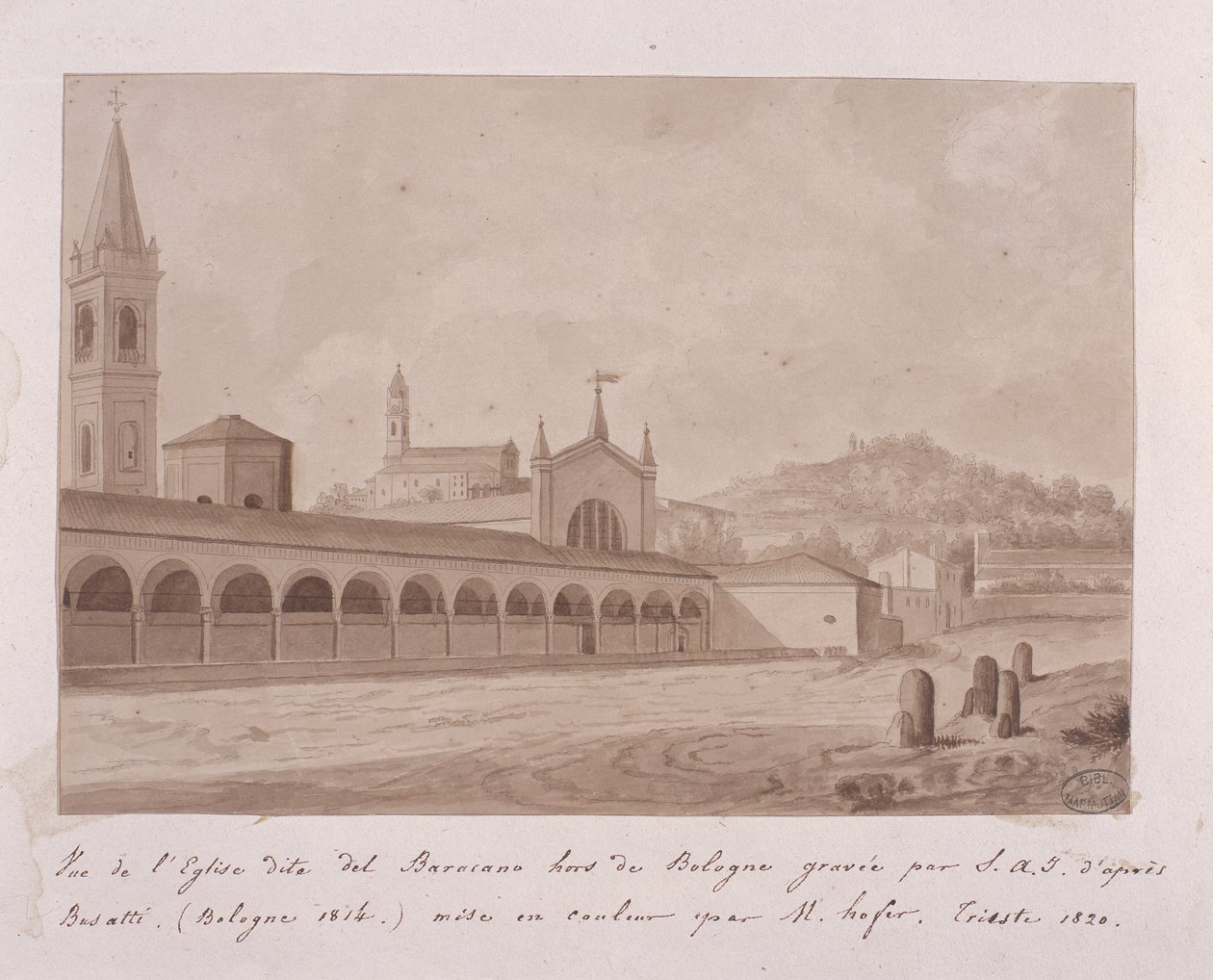 Baracano-templom, Bologna, Basatti után, 1814 (metszet wc-vel javítva papíron) alkotó: Elisa Bonaparte