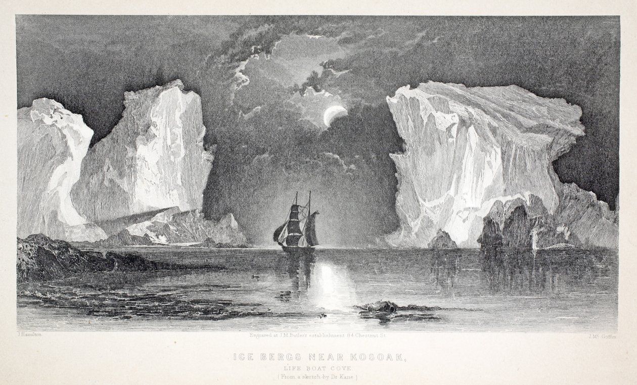 Jéghegyek Kosoak közelében, a Life Boat Cove, illusztráció a "The second Grinnell Expedition in Search of Sir John Franklin..." című filmből, 1856 alkotó: Elisha Kane