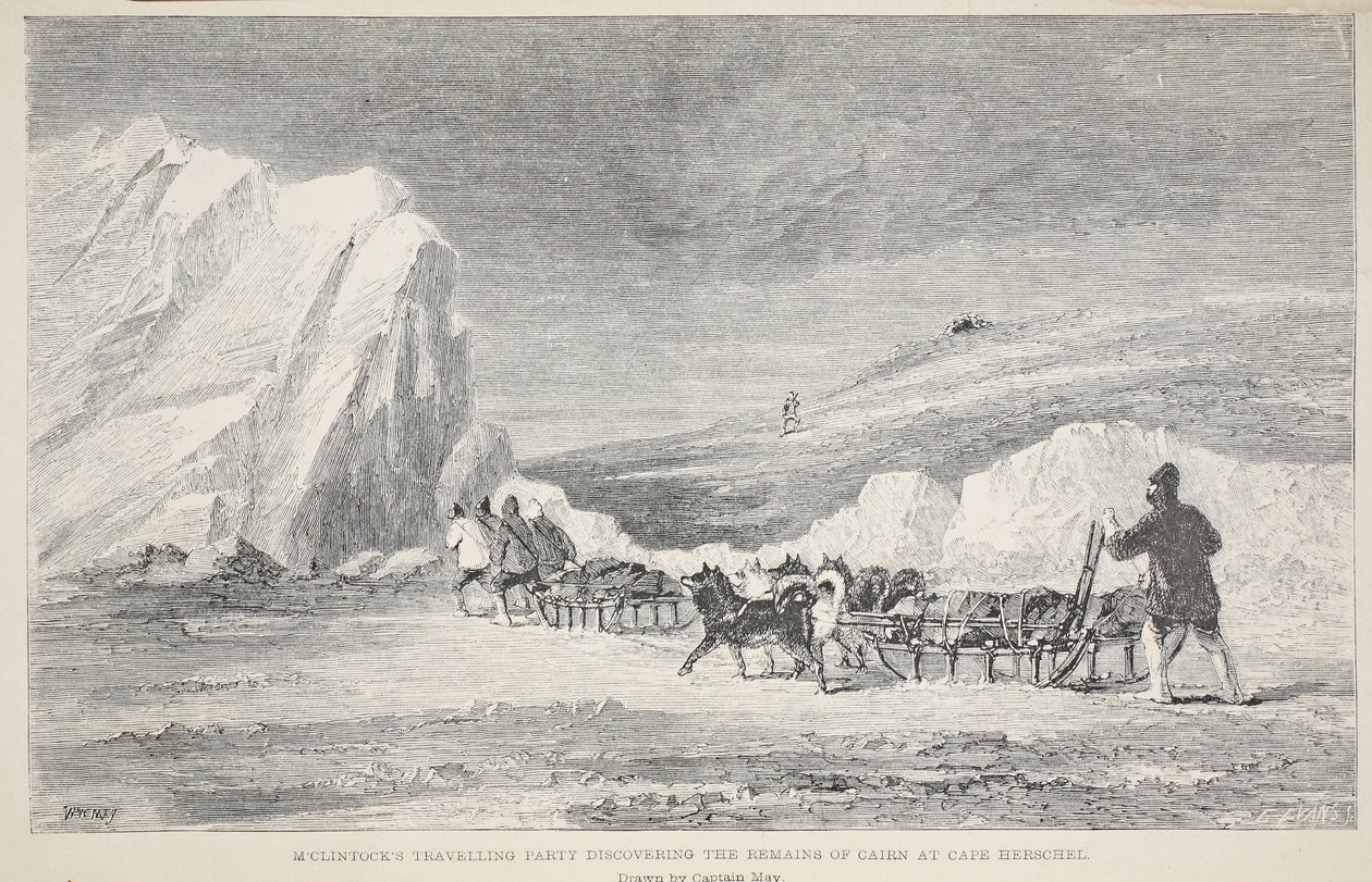 McClintock utazócsapata Cairn maradványainak felfedezésében a Herschel-foknál, illusztráció a „A második Grinnell-expedíció Sir John Franklin nyomában...”, 1856 alkotó: Elisha Kane