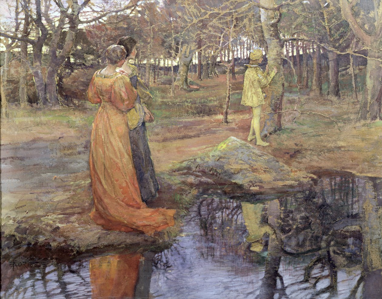 Középkori erdei jelenet, 1880-as évek (pasztell és gouache) alkotó: Elizabeth Adela Stanhope Forbes