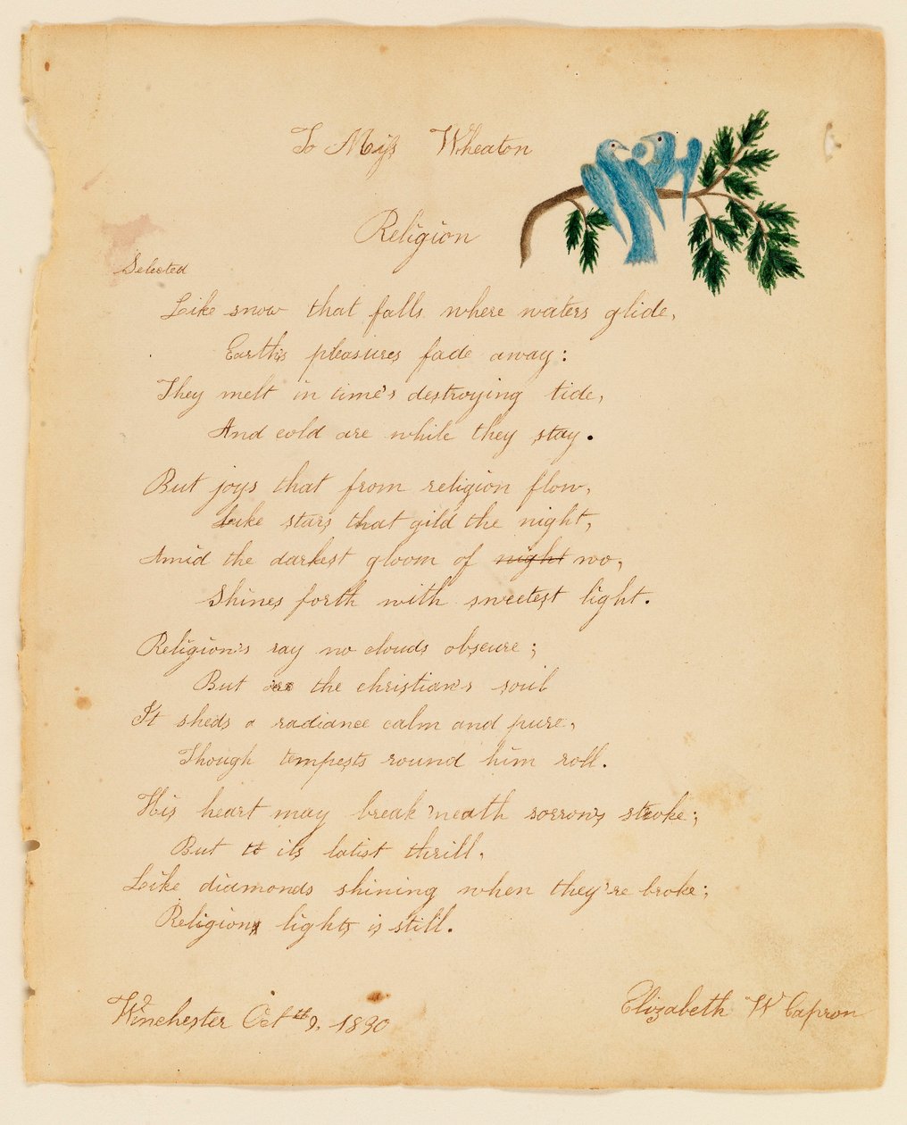 Miss Wheatonhoz; Vallás alkotó: Elizabeth W. Capron