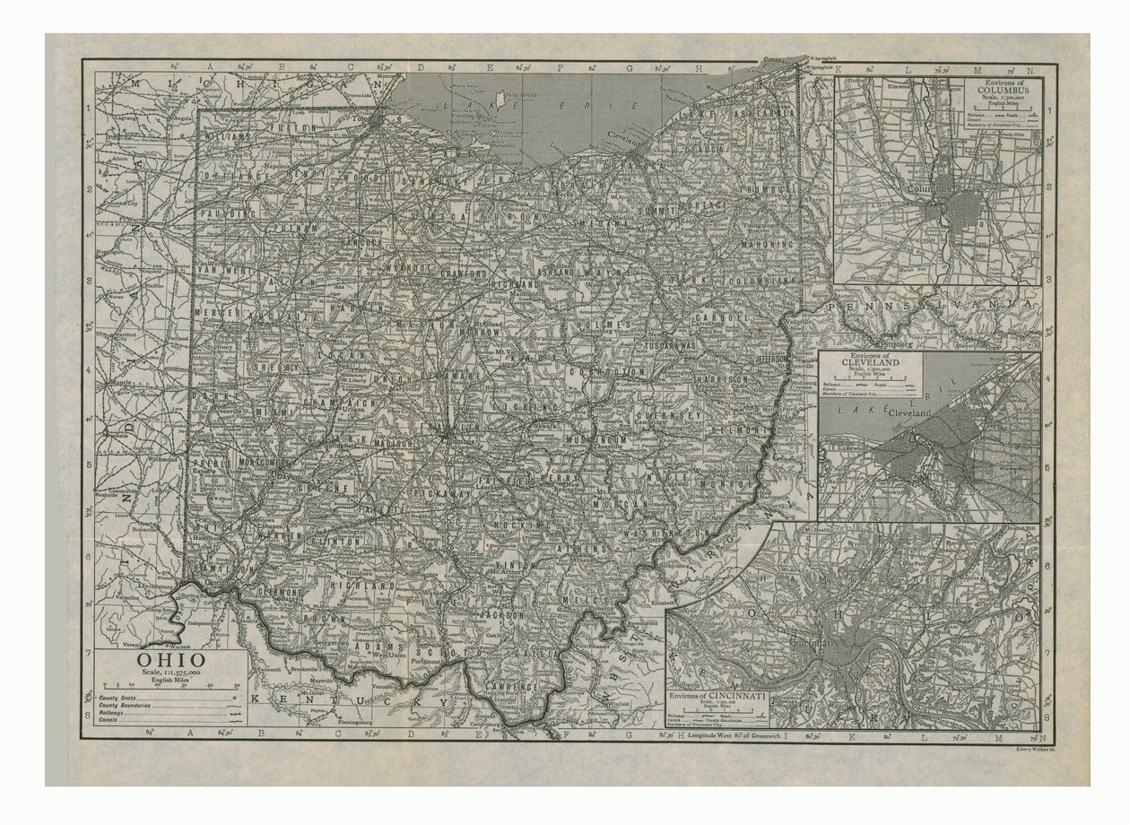 Ohio térképe, USA, 1910-es évek. alkotó: Emery Walker