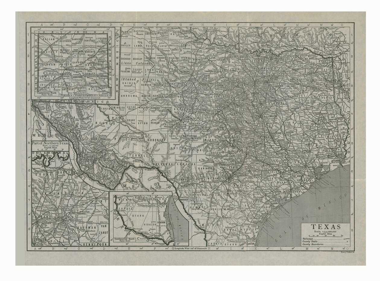 Texas térképe, USA, 1910-es évek. alkotó: Emery Walker