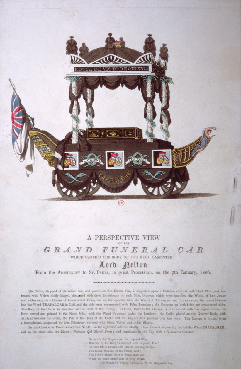 Perspektivikus kép a nagy temetkezési autóról, amely Lord Nelson holttestét szállította az Admiralitásból a St. Pauls Cathedralba 1806. január 9-én alkotó: English School