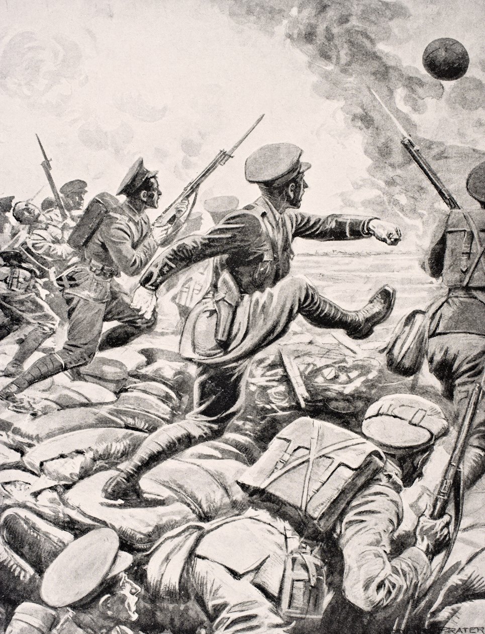 A brit tiszt a német vonalak felé rúgja a futballt, hogy inspirálja a szakaszát, hogy megtámadja őt a „The War Illustrated Album deLuxe” című könyvéből, amelyet 1916-ban Londonban adtak ki. alkotó: English School