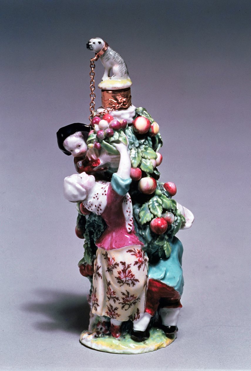 Chelsea illatosüveg, amely egy anyát és a gyerekeket ábrázol, akik gyümölcsöt szednek, Arany horgonyidőszak, 1758-69 (porcelán) alkotó: English School