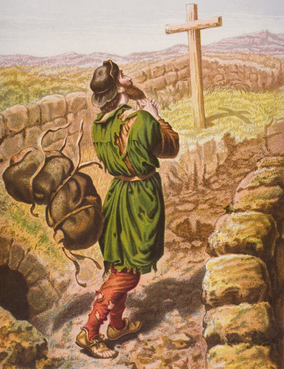 Christian elveszíti terhét a keresztnél, illusztráció John Bunyan (1628-88) „A zarándok haladása” című művéből. alkotó: English School