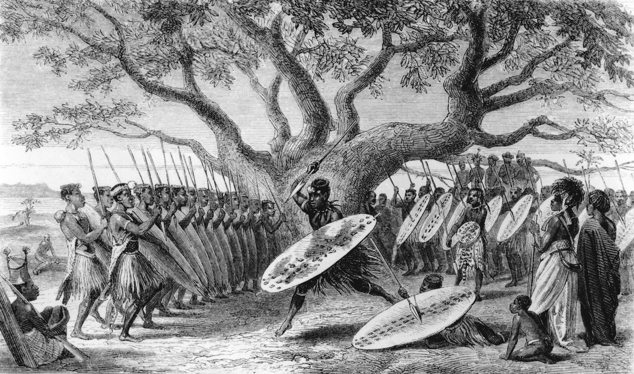 A Landeenek vagy Zulusok tánca megérkezett a Shupangába, hogy felemelje a portugálok éves tiszteletét, Josiah Wood Whymper (1813-1903) metszetét. alkotó: English School