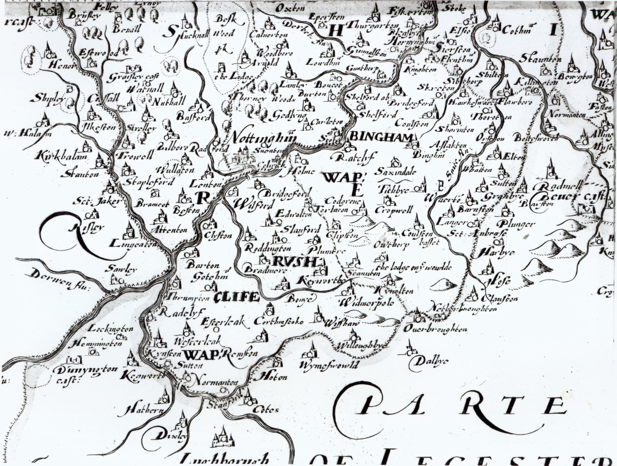 Részlet Nottinghamshire megye térképéről, amely Nottingham városát mutatja, 1642 alkotó: English School