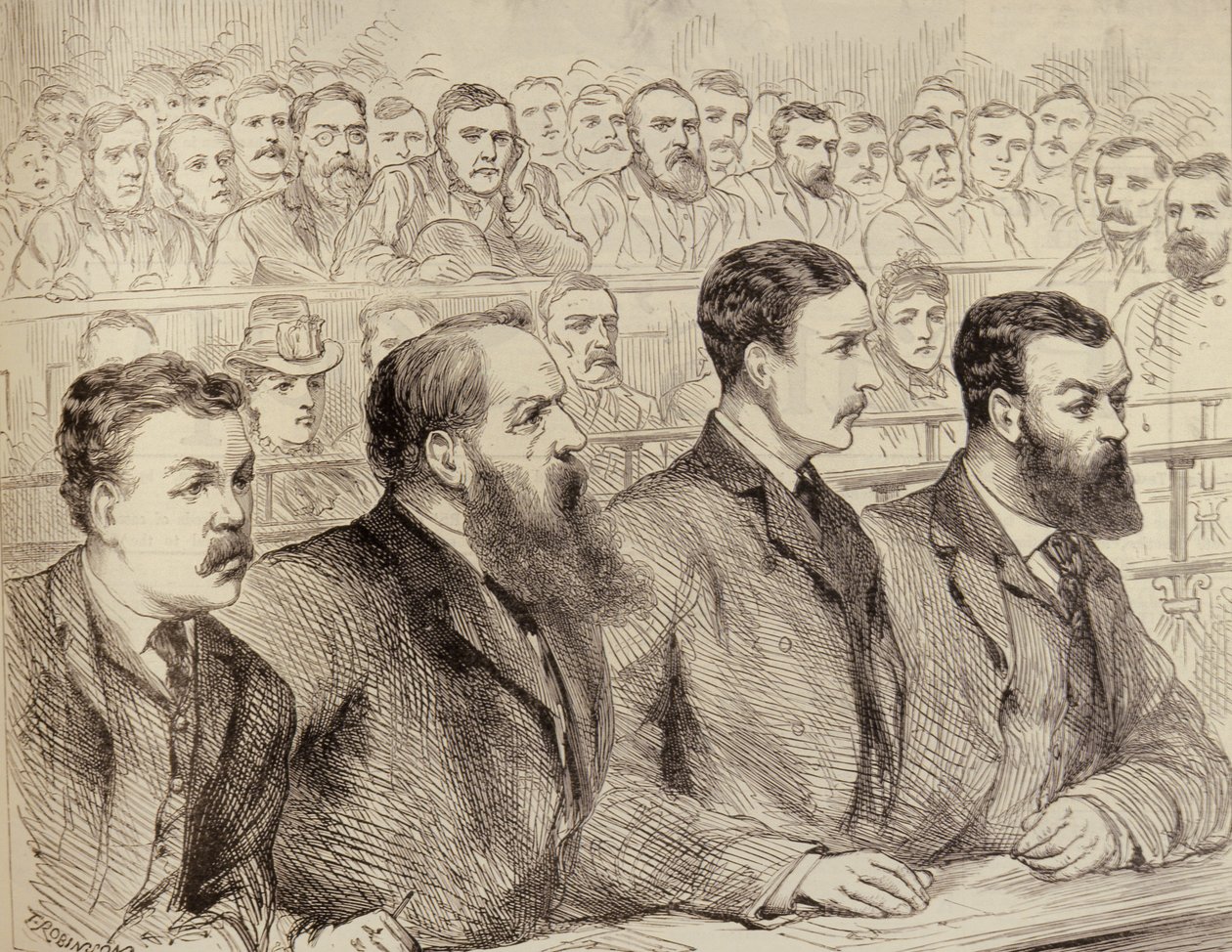 A Szociáldemokrata Föderáció vezetőinek vizsgálata a Bow Street Police Courton, a The Illustrated London News, 1886. február 27. alkotó: English School