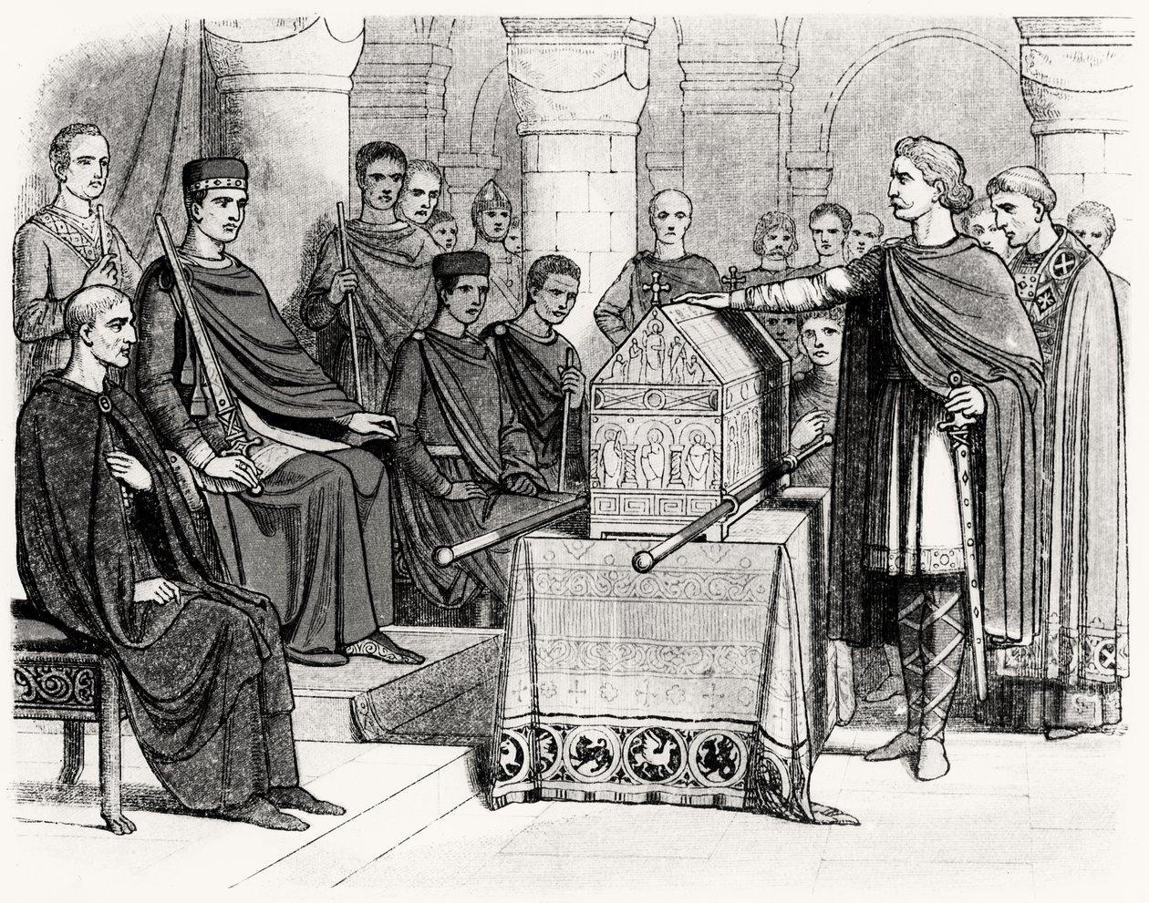 II. Harold (kb. 1022-66) esküt tett a trónhagyaték fenntartására I. Vilmosnak, a Hódítónak (1028-87 körül), Gyóntató Edward (kb. 1003-66), 1064 körül alkotó: English School