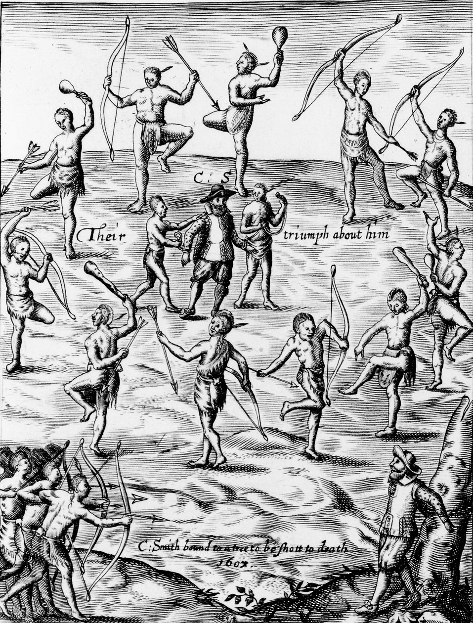 John Smith-t a virginiai indiánok fogságba ejtették és halállal fenyegették 1607-ben, 1624-ben (105033 részlet) alkotó: English School