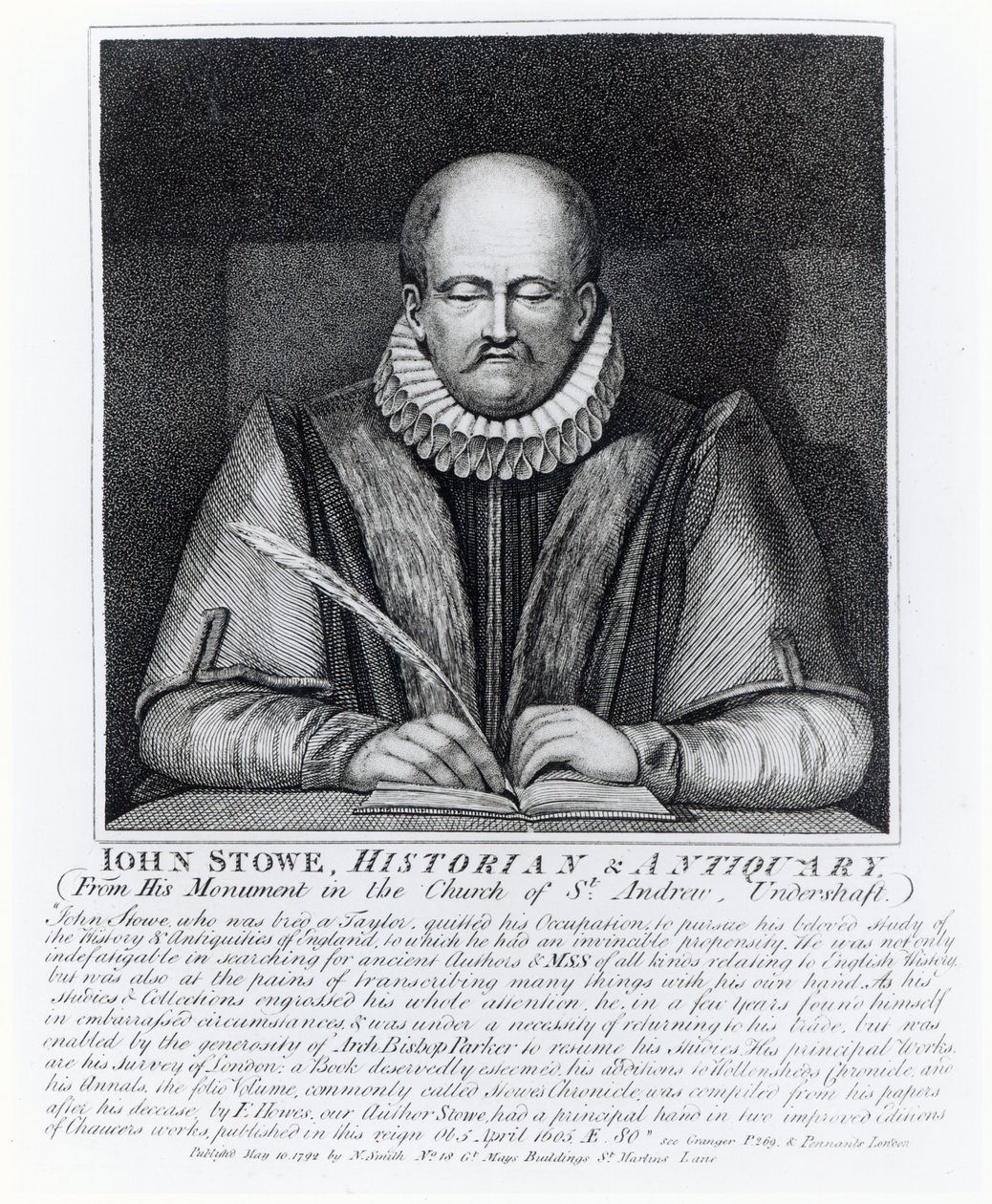John Stowe, portré a Szent András-templomban lévő emlékművéről, Undershaft, 1792 alkotó: English School